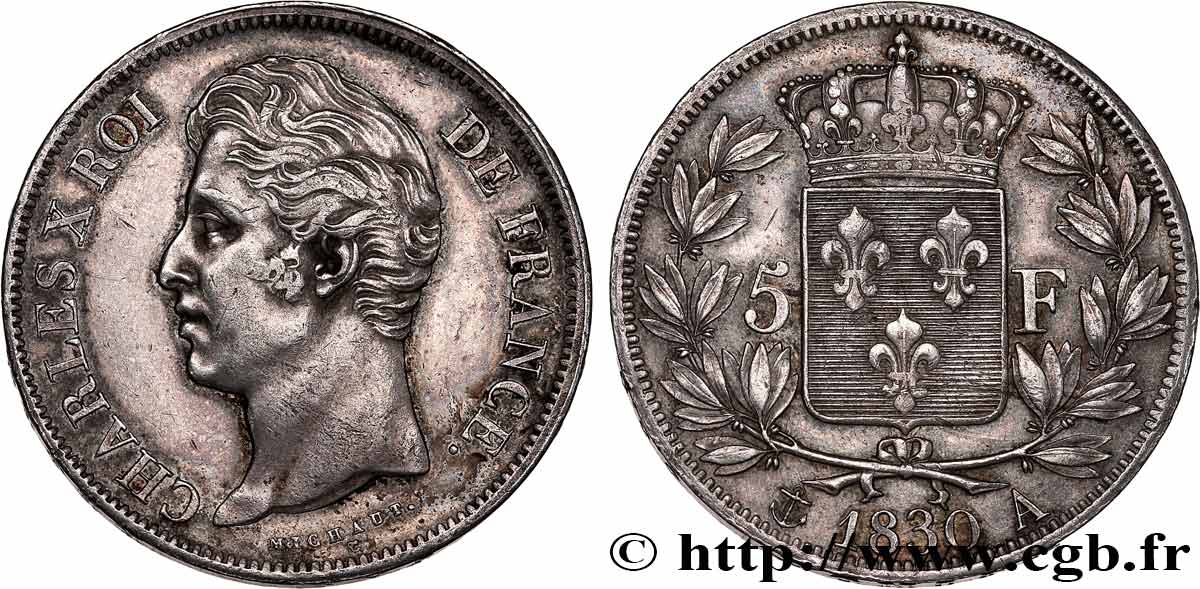 5 francs Charles X 2e type, tranche en relief 1830 Paris F.312/1 AU 