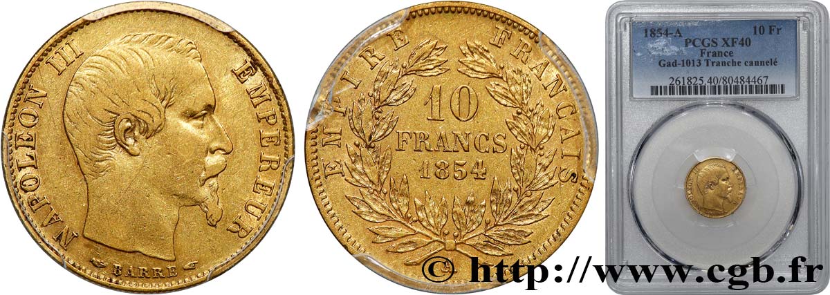 10 francs or Napoléon III, tête nue, petit module, tranche cannelée 1854 Paris F.505A/1 MBC40 PCGS