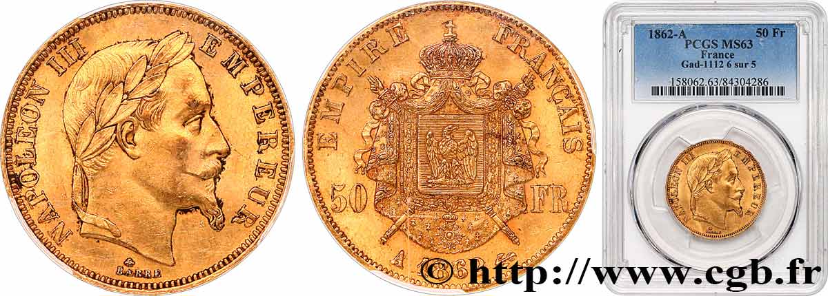 50 francs or Napoléon III, tête laurée 1862 Paris F.548/1 SC63 PCGS