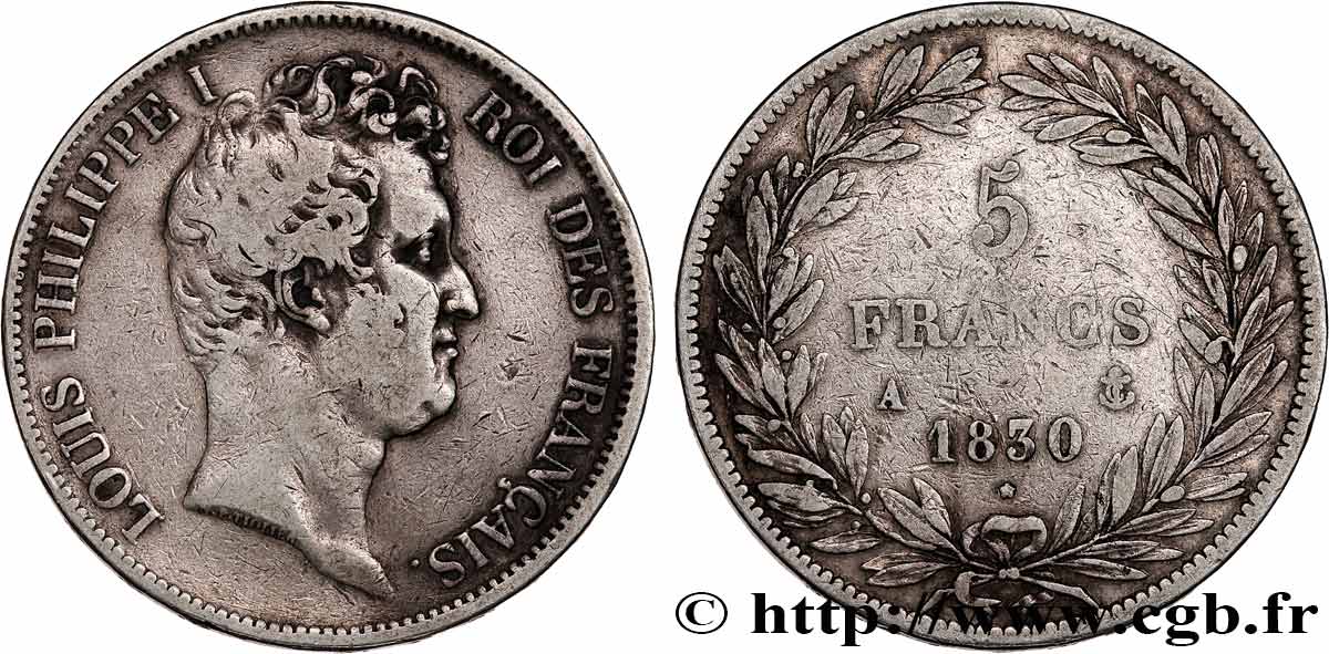 5 francs type Tiolier avec le I, tranche en relief 1830 Paris F.316/1 TB 