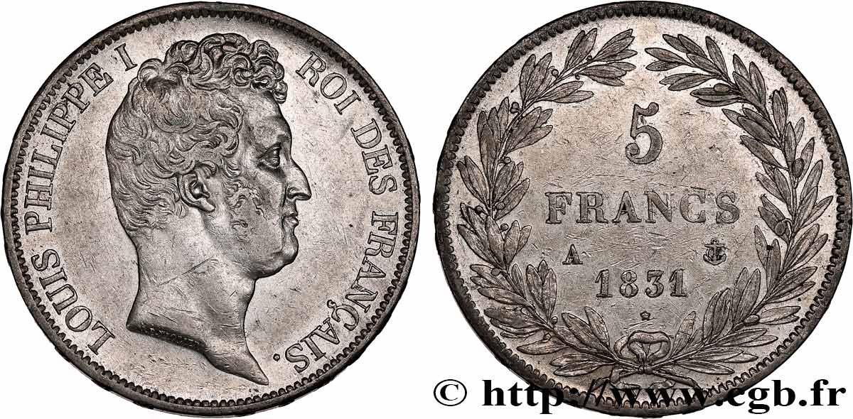 5 francs type Tiolier avec le I, tranche en relief 1831 Paris F.316/2 q.SPL 
