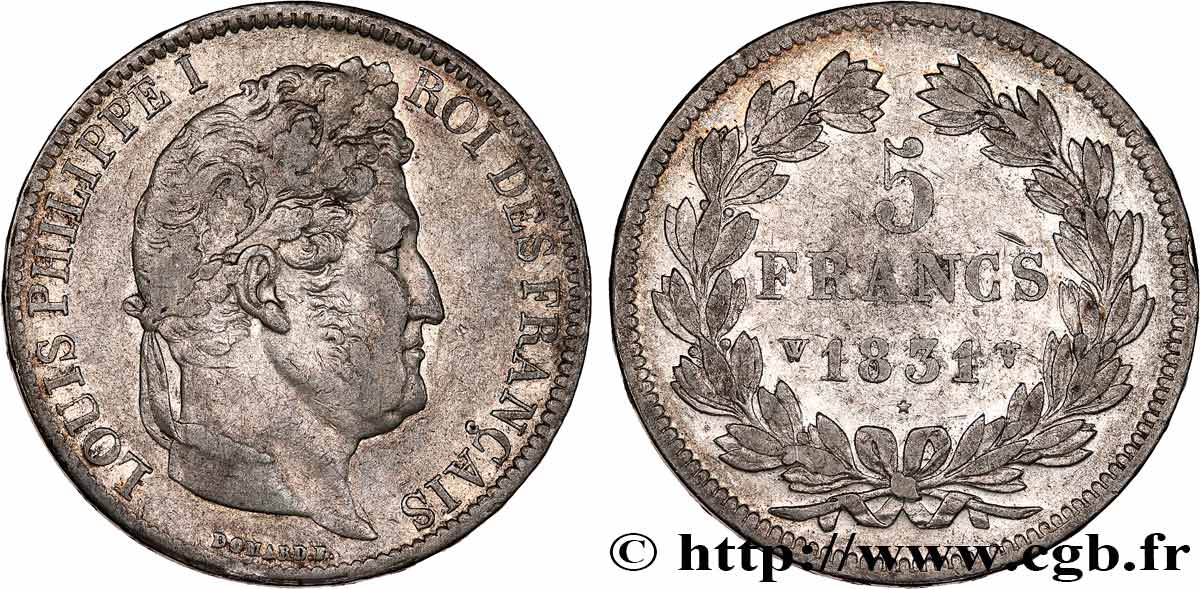 5 francs Ier type Domard, tranche en relief 1831 Lille F.320/13 VF35 