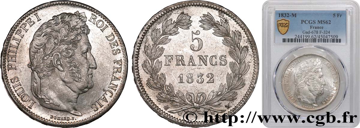 5 francs IIe type Domard 1832 Toulouse F.324/9 MS62 PCGS