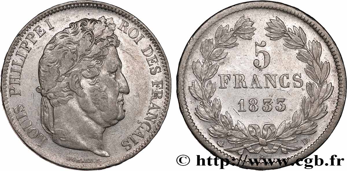 5 francs IIe type Domard 1833 Lyon F.324/17 XF/AU 
