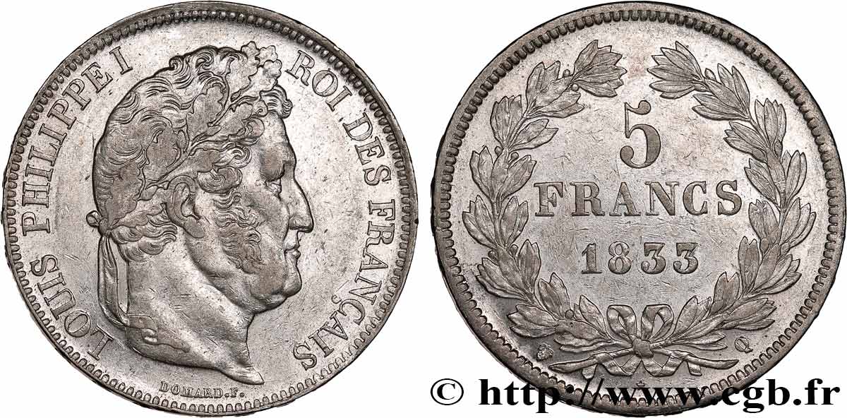 5 francs IIe type Domard 1833 Perpignan F.324/25 AU 
