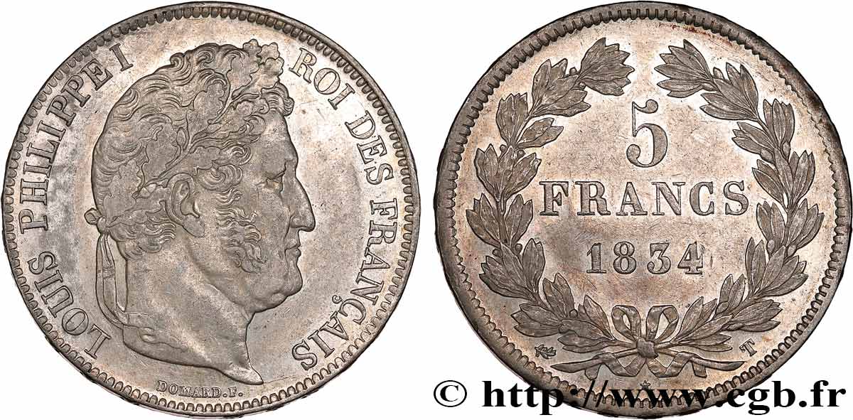 5 francs IIe type Domard 1834 Nantes F.324/40 AU53 