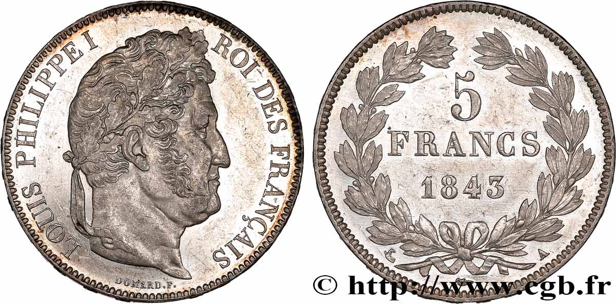 5 francs IIe type Domard 1843 Paris F.324/100 AU55 
