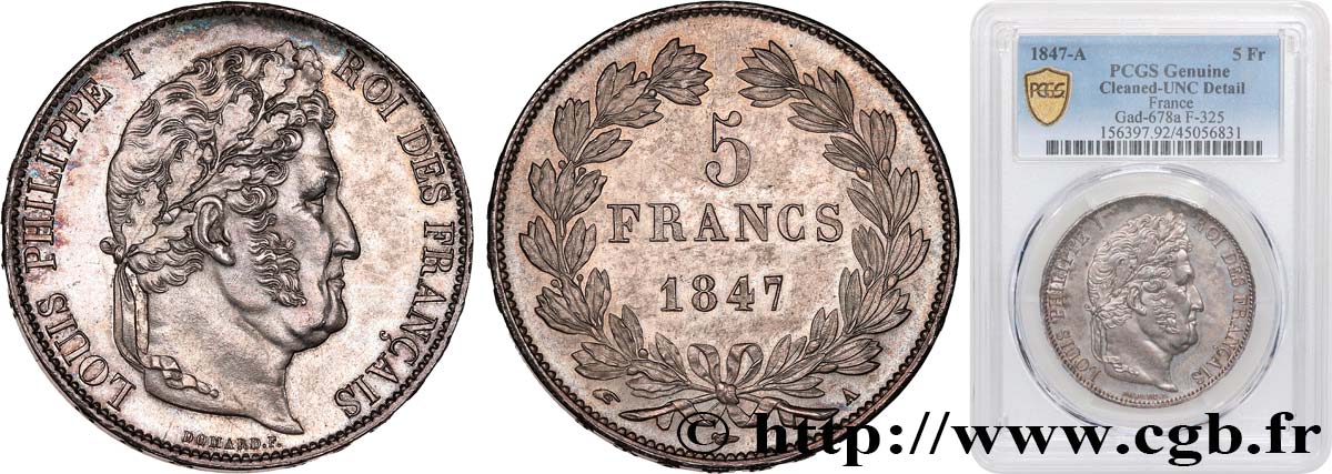 5 francs IIIe type Domard 1847 Paris F.325/14 SUP+ PCGS