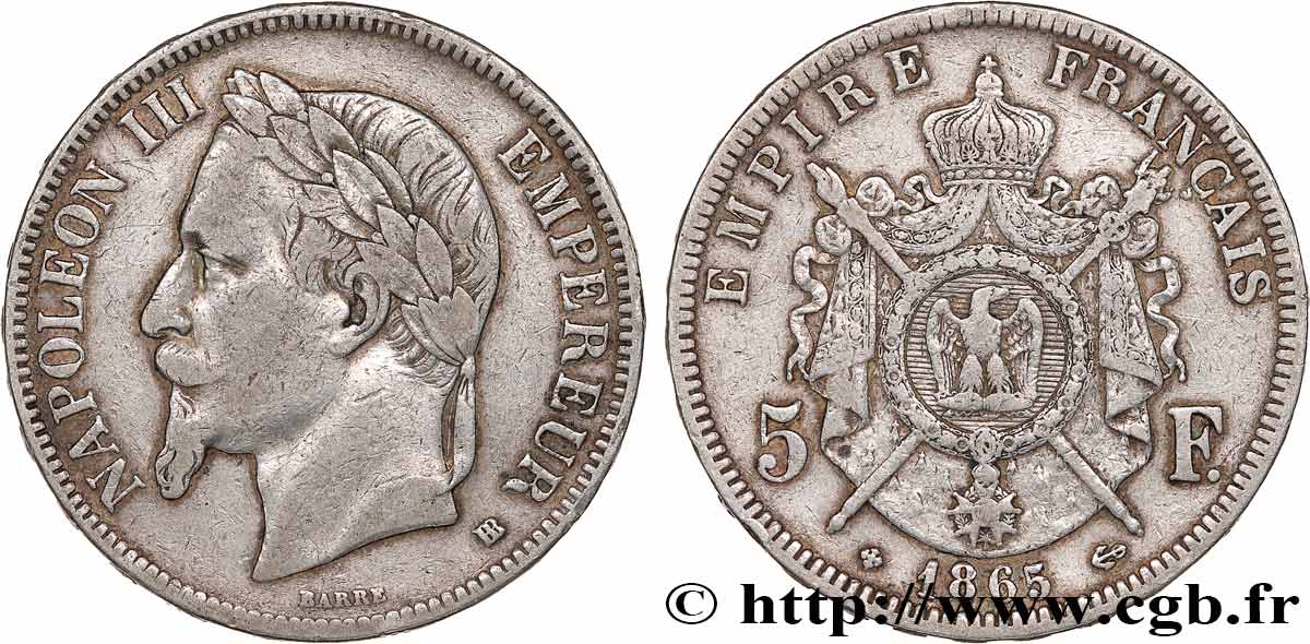 5 francs Napoléon III, tête laurée 1865 Strasbourg F.331/8 TB 