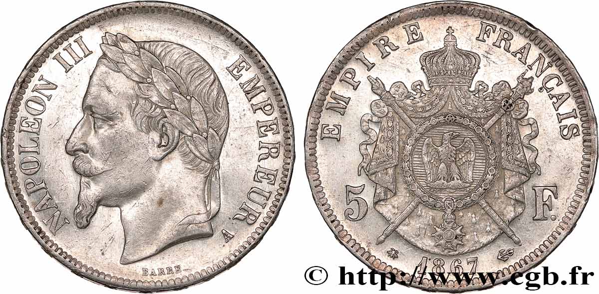 5 francs Napoléon III, tête laurée 1867 Paris F.331/10 q.SPL 