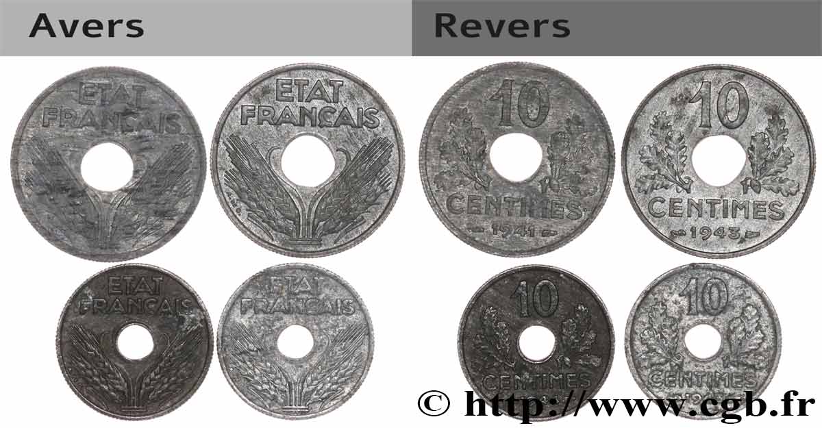 Lot de quatre pièces de 10 centimes État français, grand module et petit module n.d. Paris F.141/2 BC/EBC 
