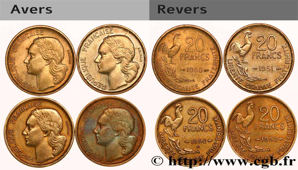 Lot de quatre pièces de 20 francs G. Guiraud, 3 faucilles n.d.  F.402/2 BC+/EBC+ 