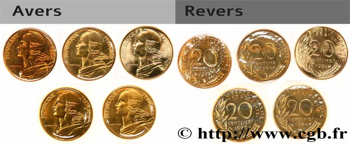 Lot de cinq pièces de 20 centimes Marianne n.d. Pessac F.156/21 ST 