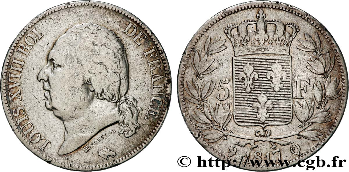 5 francs Louis XVIII, tête nue 1817 Perpignan F.309/25 TB 