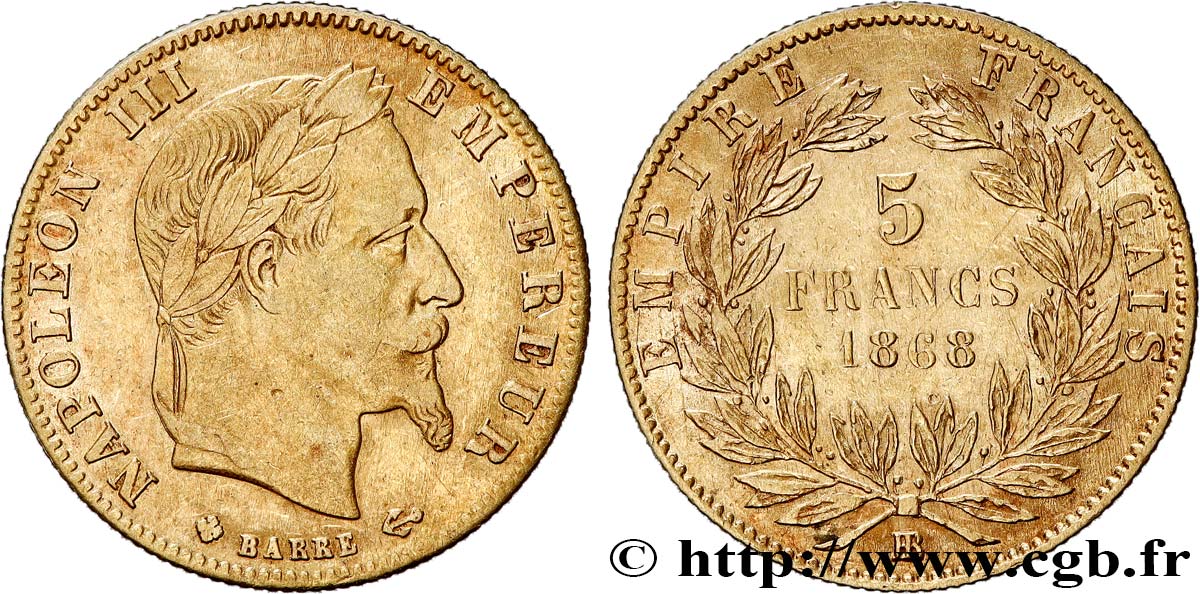 5 francs or Napoléon III, tête laurée 1868 Strasbourg F.502/14 XF45 