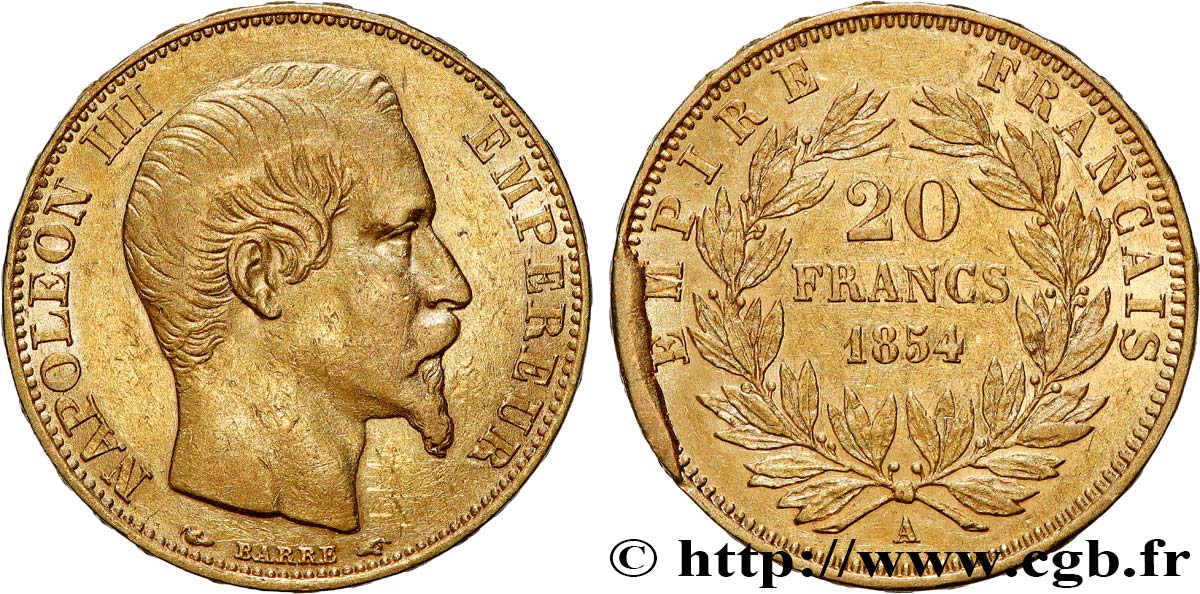 20 francs or Napoléon III, tête nue, Coin ébréché 1854 Paris F.531/2 XF 