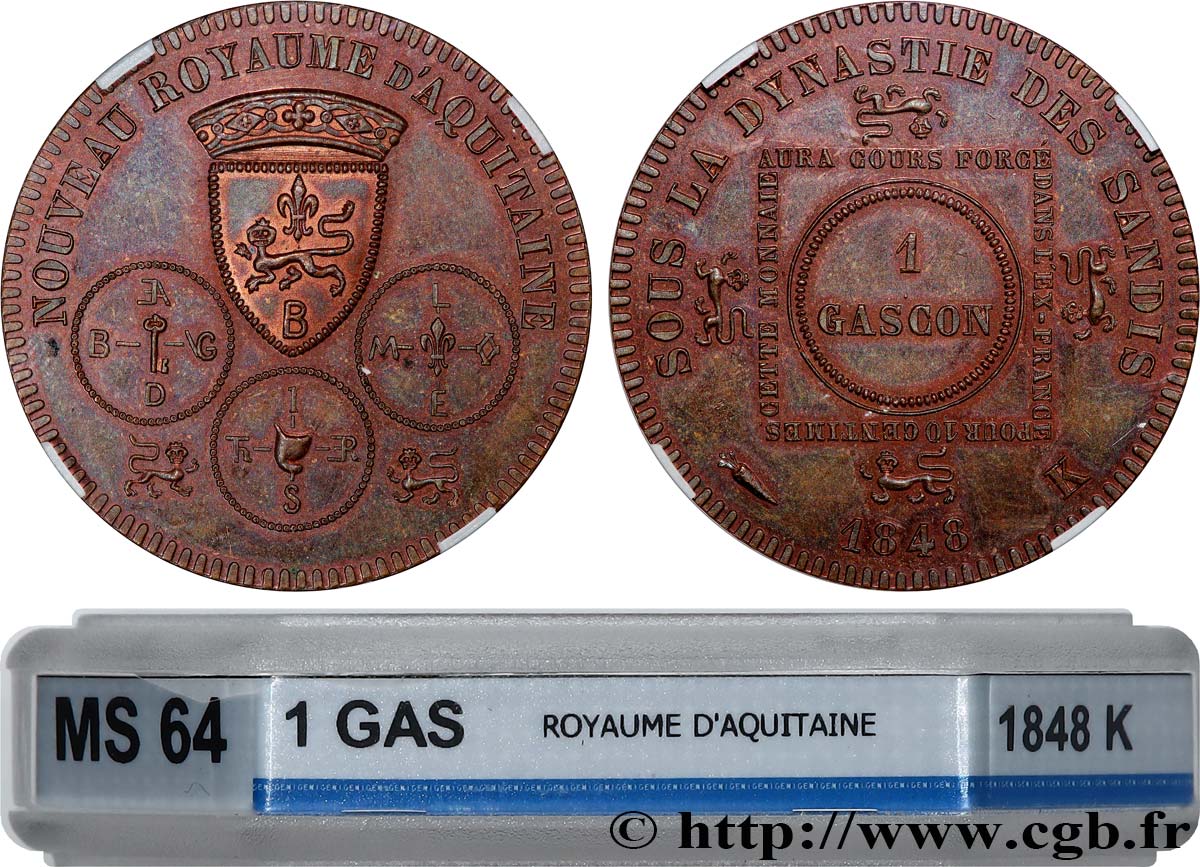 Épreuve de 1 Gascon / 10 Centimes du Nouveau Royaume d’Aquitaine 1848 Bordeaux VG.3129 b fST64 GENI