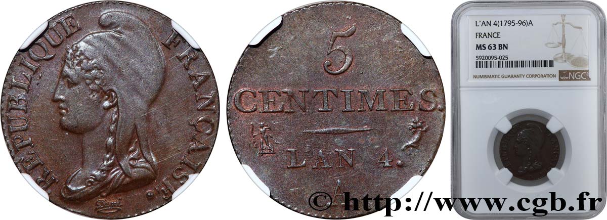 5 centimes Dupré, petit module 1796 Paris F.113/1 MS63 NGC