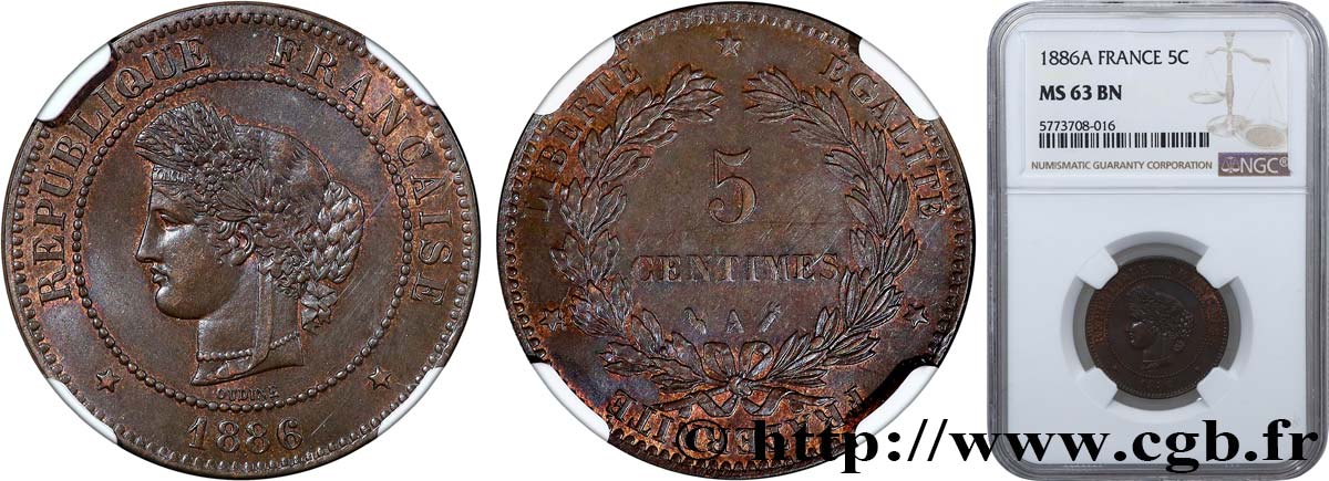5 centimes Cérès 1886 Paris F.118/28 SC63 NGC