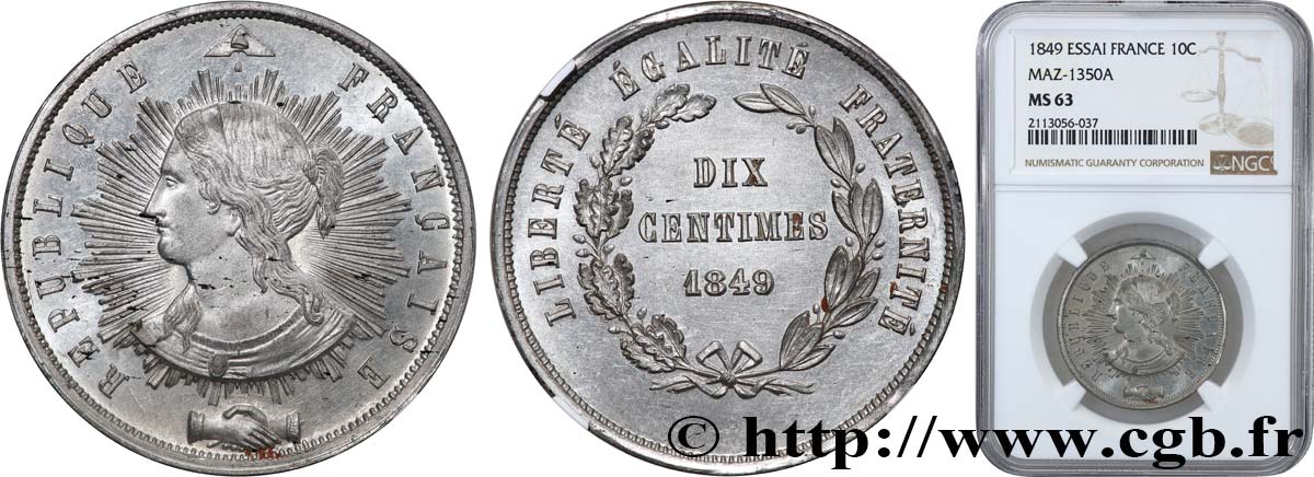 Concours de 10 centimes, essai en étain par Pillard 1849 Paris VG.3185 var. fST63 NGC