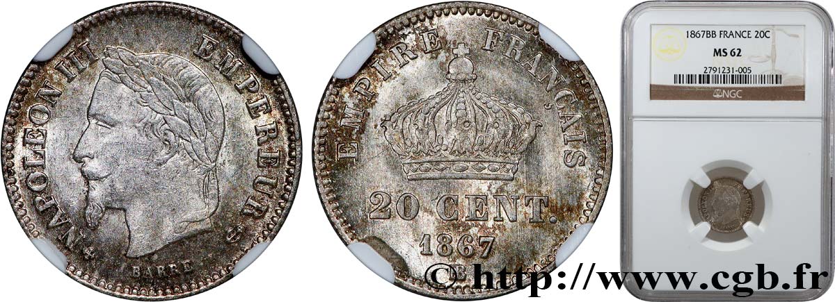 20 centimes Napoléon III, tête laurée, grand module 1867 Strasbourg F.150/2 SUP62 NGC
