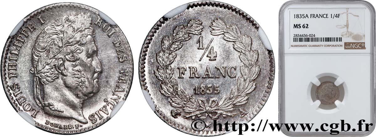 1/4 franc Louis-Philippe 1835 Paris F.166/49 SUP62 NGC