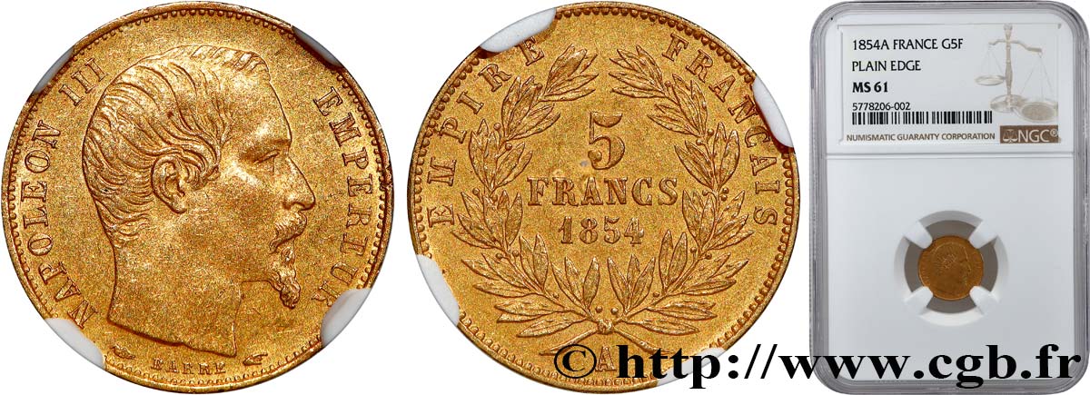 5 francs or Napoléon III, tête nue, petit module, tranche lisse 1854 Paris F.500/1 VZ61 NGC