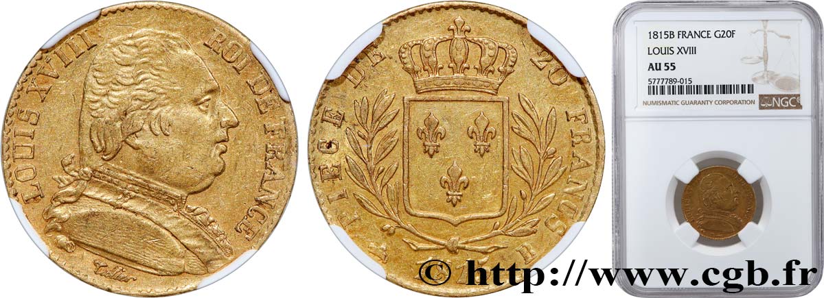 20 francs or Louis XVIII, buste habillé 1815 Rouen F.517/11 SPL55 NGC