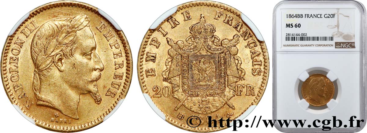 20 francs or Napoléon III, tête laurée 1864 Strasbourg F.532/10 EBC60 NGC