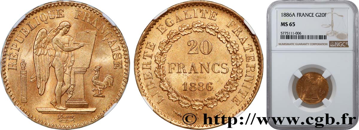 20 francs or Génie, IIIe République 1886 Paris F.533/9 MS65 NGC