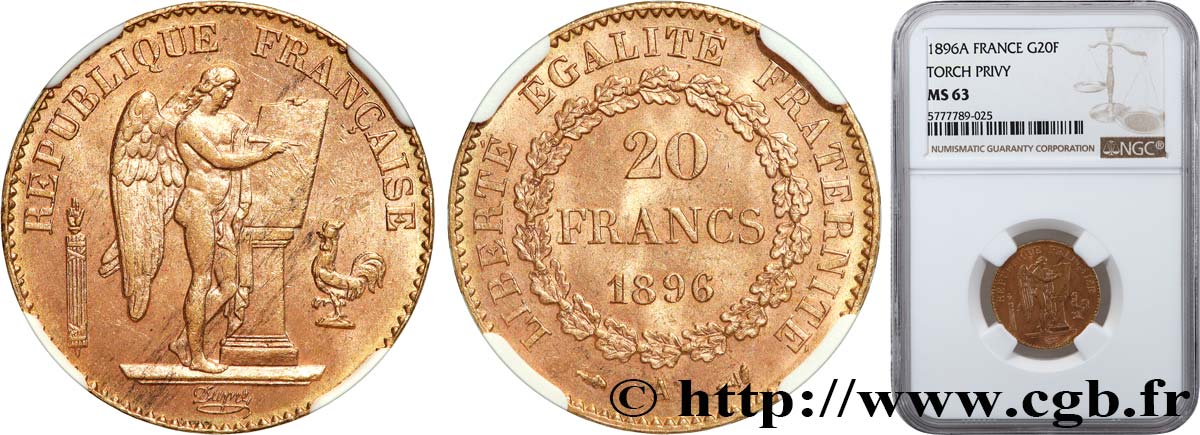 20 francs or Génie, Troisième République, différent torche 1896 Paris F.533/21 fST63 NGC
