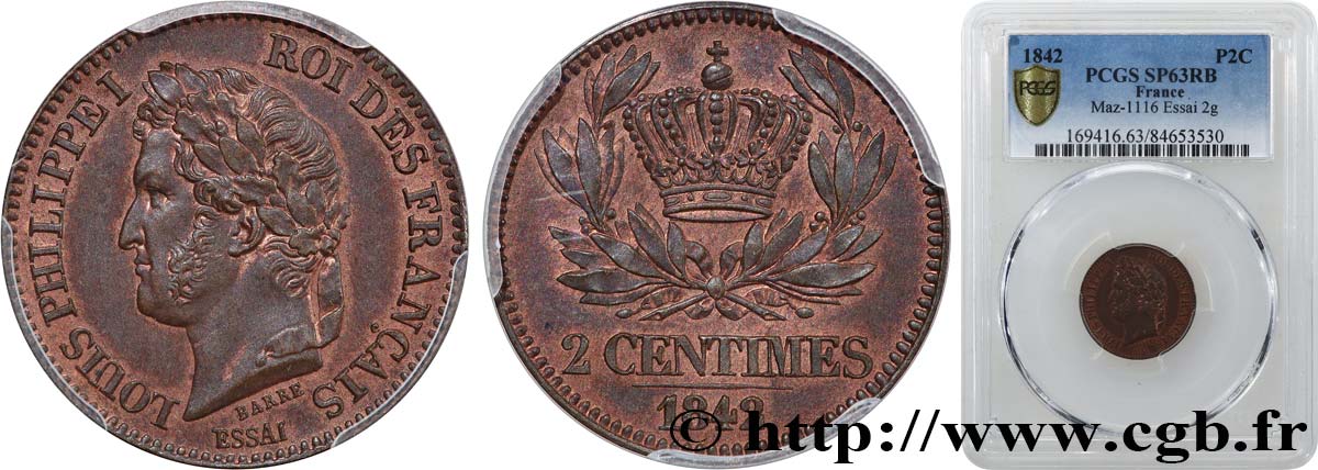 Essai de 2 centimes 1842 Paris VG.2935  MS63 PCGS