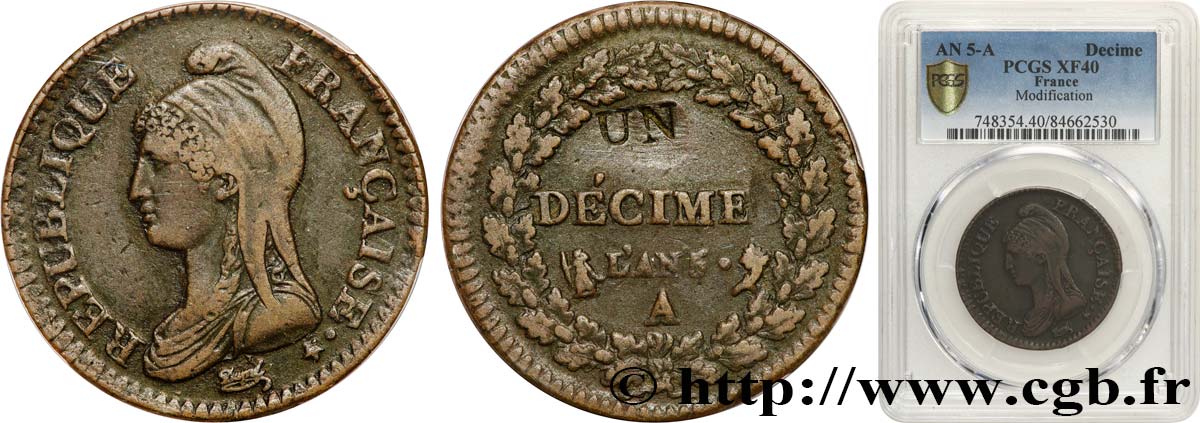 Un décime Dupré, modification du 2 décimes 1797 Paris F.127/5 XF40 PCGS
