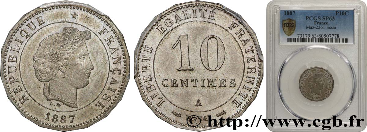 Essai de 10 centimes Merley, Type II, 18 pans, sans faisceau ni rameau 1887 Paris GEM.27 3 fST63 PCGS
