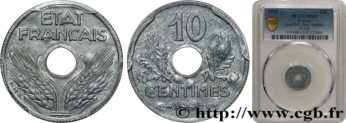 10 centimes État français, petit module 1943  F.142/2 MS63 PCGS