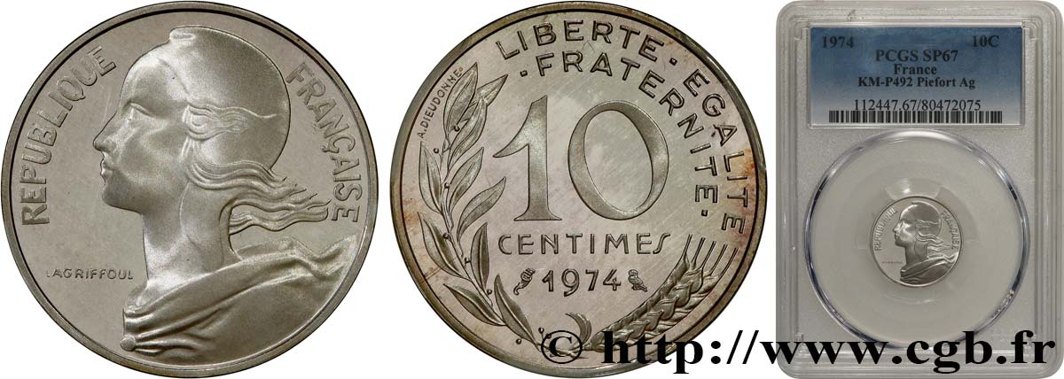 Piéfort Argent de 10 centimes Marianne 1974 Pessac GEM.46 P2 ST67 PCGS