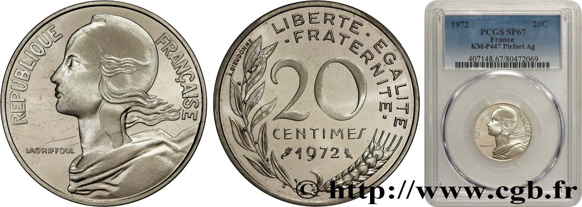 Piéfort Argent de 20 centimes Marianne 1972 Paris GEM.56 P2 MS67 PCGS