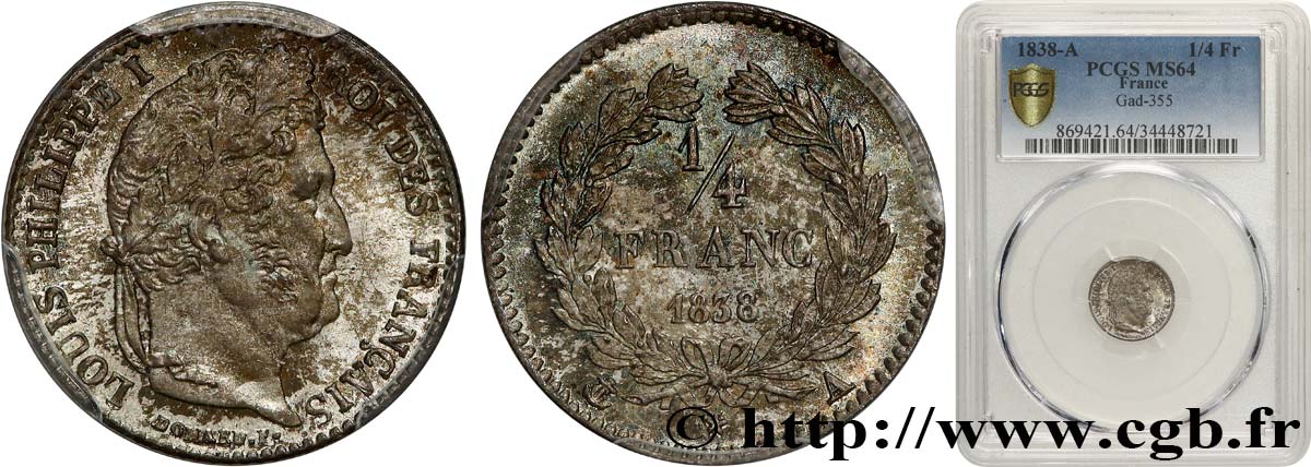 1/4 franc Louis-Philippe 1838 Paris F.166/69 MS64 PCGS