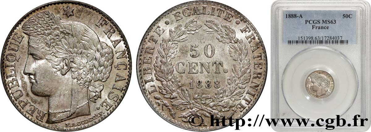 50 centimes Cérès, Troisième République 1888 Paris F.189/13 MS63 PCGS