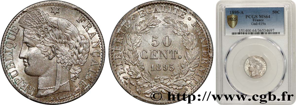 50 centimes Cérès, IIIe République 1895 Paris F.189/16 MS64 PCGS