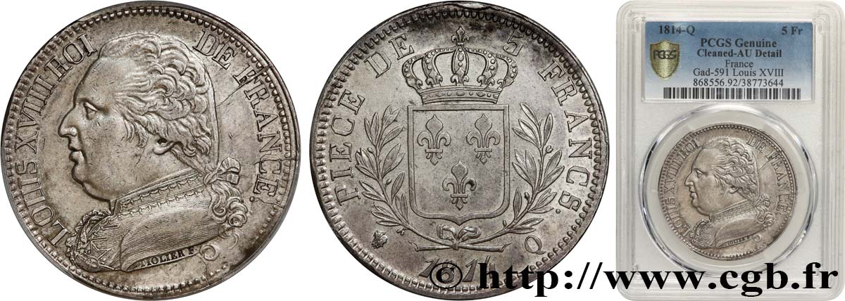 5 francs Louis XVIII, buste habillé 1814 Perpignan F.308/11 AU PCGS