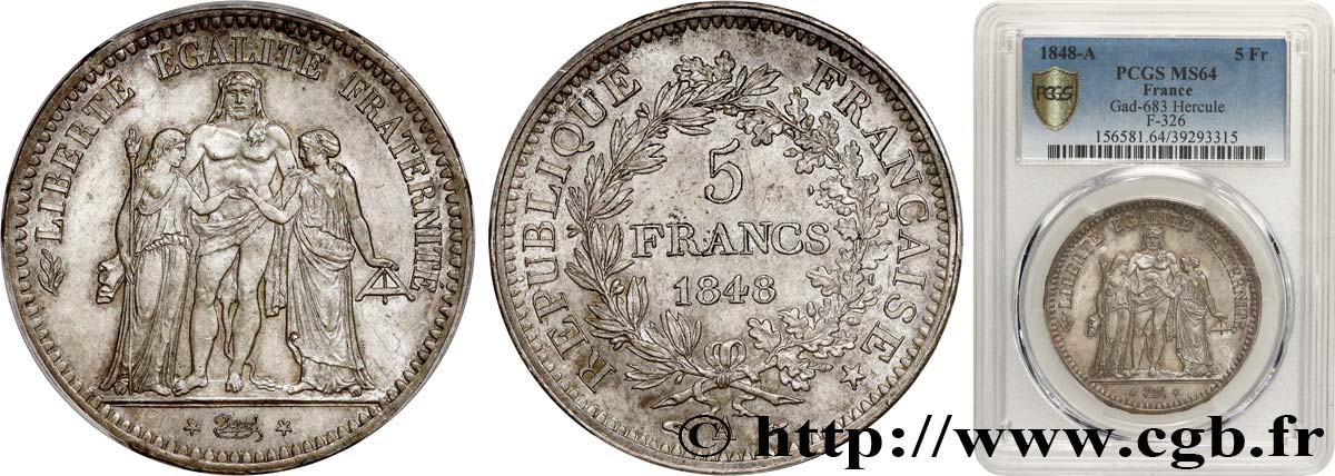 5 francs Hercule, IIe République 1848 Paris F.326/1 SC64 PCGS