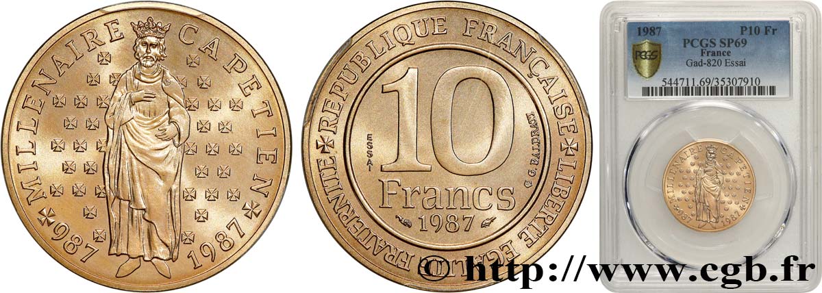 Essai de 10 francs Millénaire Capétien 1987 Pessac F.371/1 MS69 PCGS