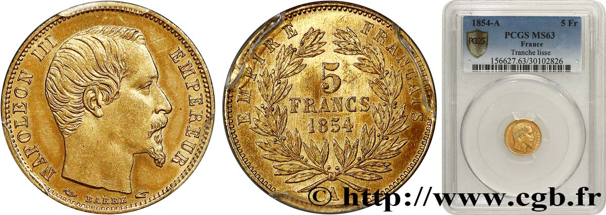 5 francs or Napoléon III, tête nue, petit module, tranche lisse 1854 Paris F.500/1 SPL63 PCGS