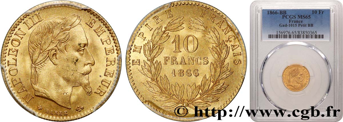 10 francs or Napoléon III, tête laurée 1866 Strasbourg F.507A/13 MS65 PCGS