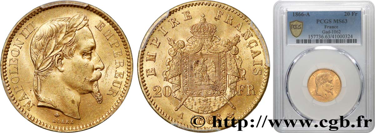 20 francs or Napoléon III, tête laurée 1866 Paris F.532/13 SC63 PCGS