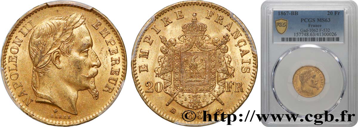 20 francs or Napoléon III, tête laurée, petit BB 1867 Strasbourg F.532/16 SPL63 PCGS