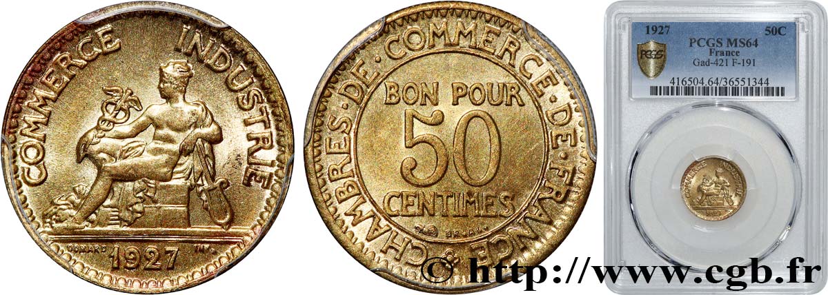 50 centimes Chambres de Commerce 1927 Paris F.191/9 MS64 PCGS