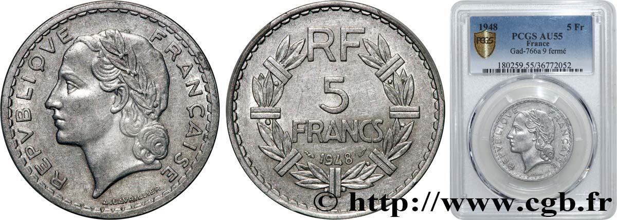 5 francs Lavrillier, aluminium, 9 fermé 1948  F.339/14 AU55 PCGS