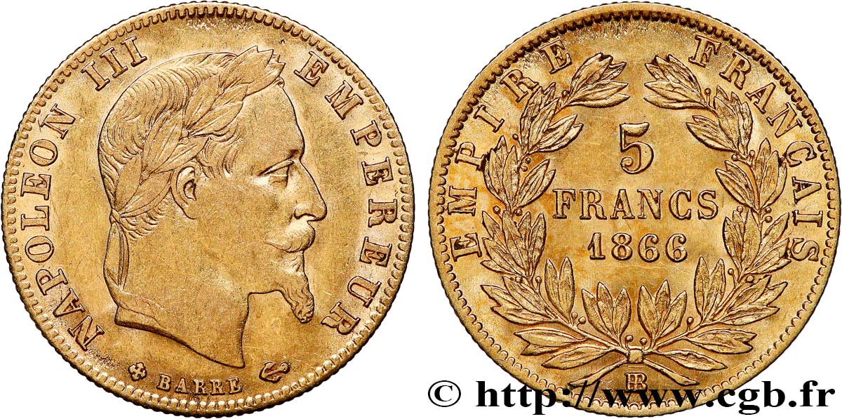 5 francs or Napoléon III, tête laurée 1866 Strasbourg F.502/10 SS 